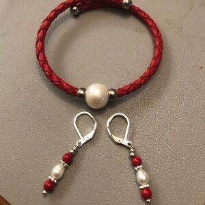 Elegant Red Braided Bracelet with Pearl Accent & pearlcoral earrings